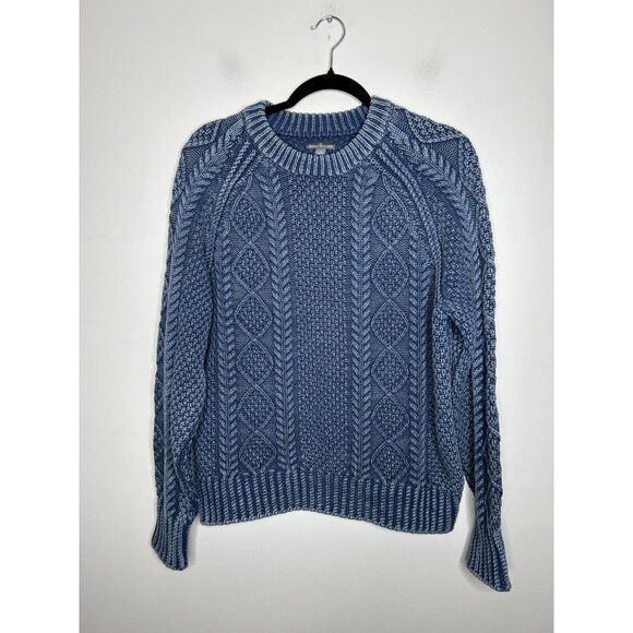 LL Bean Signature Cable Knit Pullover Sweater Crewneck Blue Cotton Size Large - Picture 1 of 7